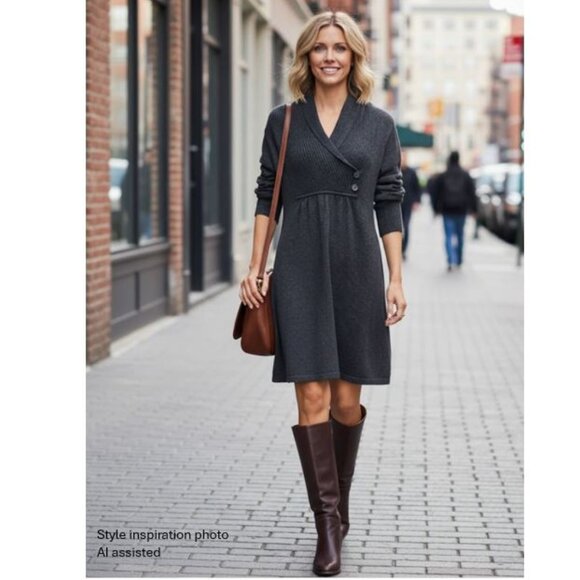 EVAN PICONE, Charcoal gray wrap-over neckline knee length knit sweater dress - Picture 2 of 9